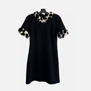 Julie Brown NYC Black Ponte Knit Dress with Faux Animal Print Fur Trim - Small